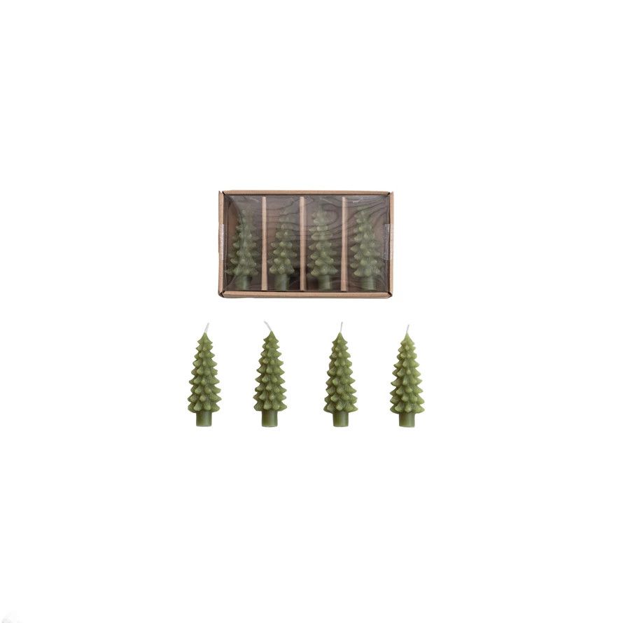 Green Unscented Tree Shaped Bottle Taper Candles in Box, Set of 4