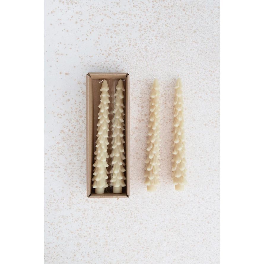 Tree Shaped Taper Candles Creamy Beige Set of 2 10”