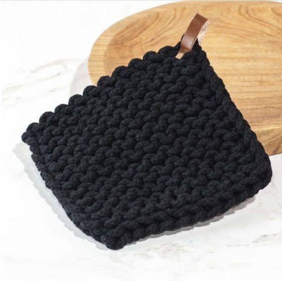Leather Strap Black Knit Pot Holder