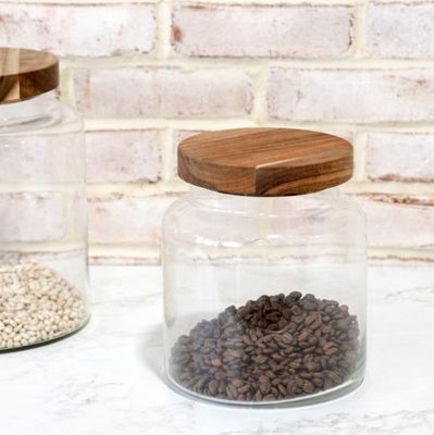 Glass Storage Jar Wood Lid 7.8"