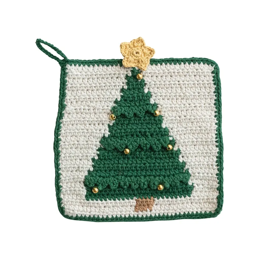 Square Cotton Crocheted Pot Holder with Christmas Tree &amp; Beads