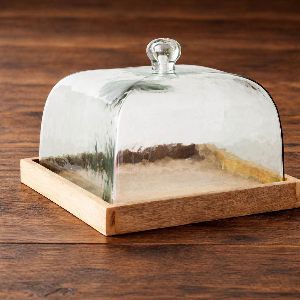 Glass Cake Cover with Wood Base 10"