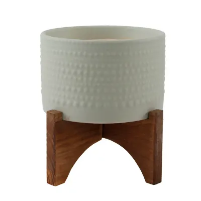 Hobnail Ceramic 5” Ivory Planter on Wood Stand