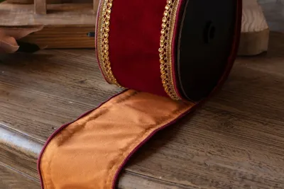 Ruby Red Velvet w/ Beaded Trim 4" x 10 yards