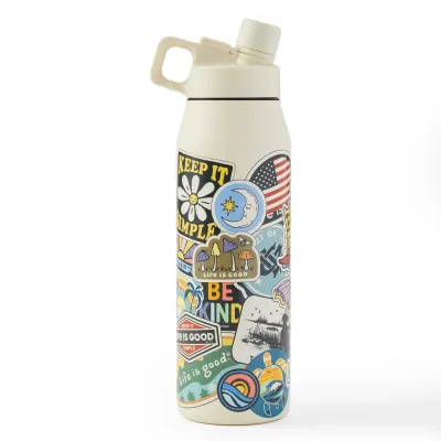 Twist Top Bottle Layered Sticker Collage Sandstone White 32 oz