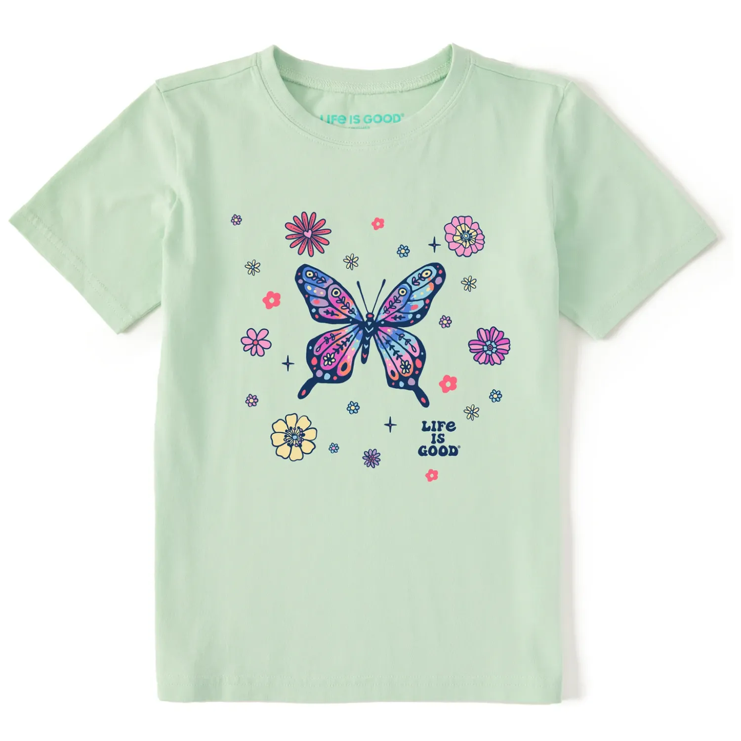 Retro Butterfly Flowers Sage Tee, Size: XS