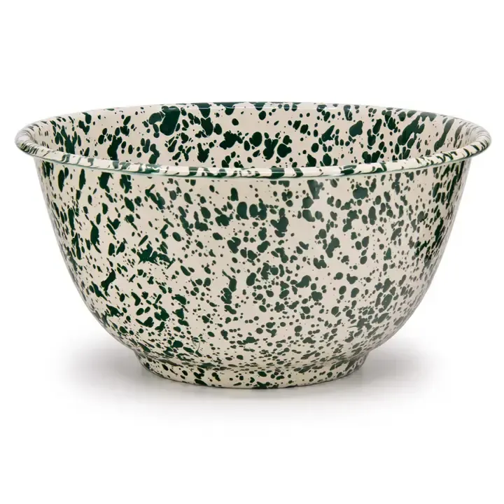 Large Salad Bowl Green &amp; Cream Splatter Enamel by Crow Canyon