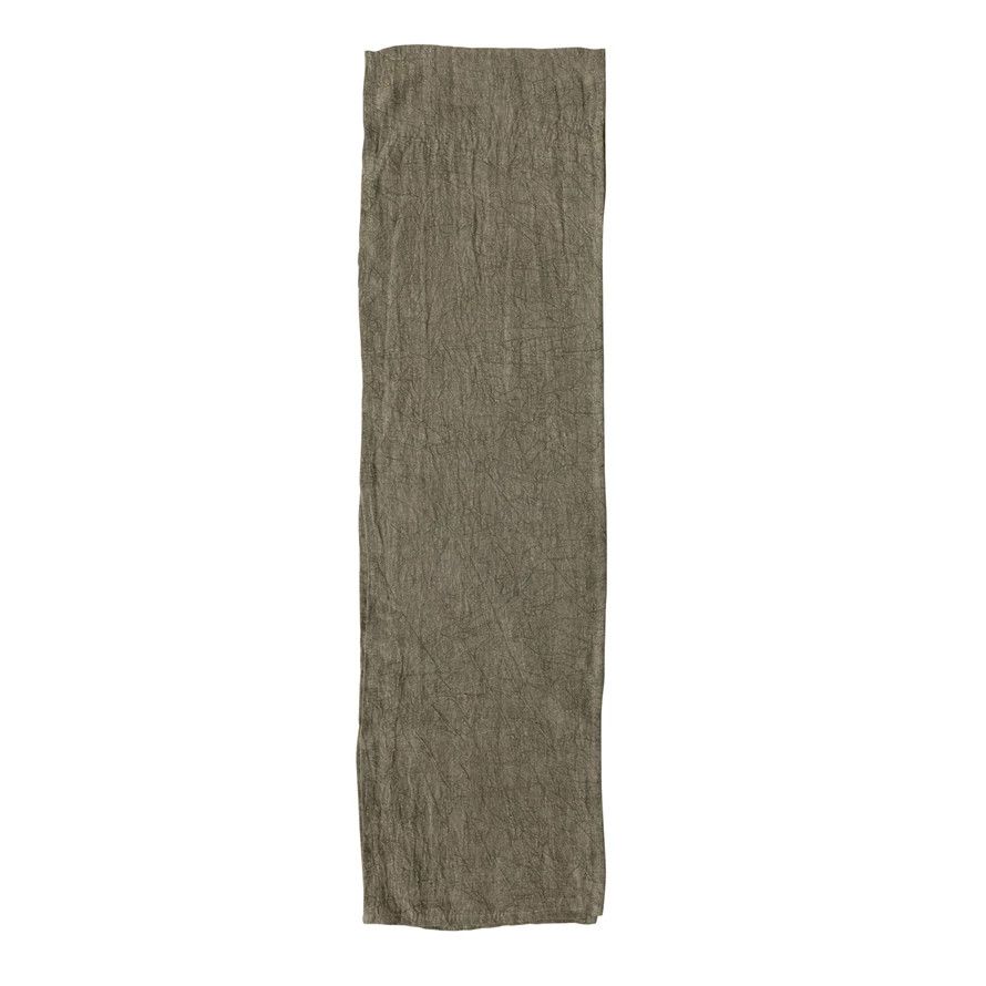Olive Green Stonewashed Linen Table Runner