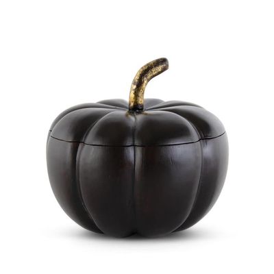 Black Mango Wood Pumpkin Lidded Container /Gold Stem 7.75"
