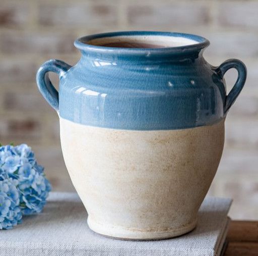 Blue &amp; Natural Terra Cotta Vase 8.6”