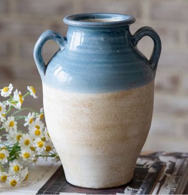 Blue &amp; Natural Terra Cotta Vase 8.5”