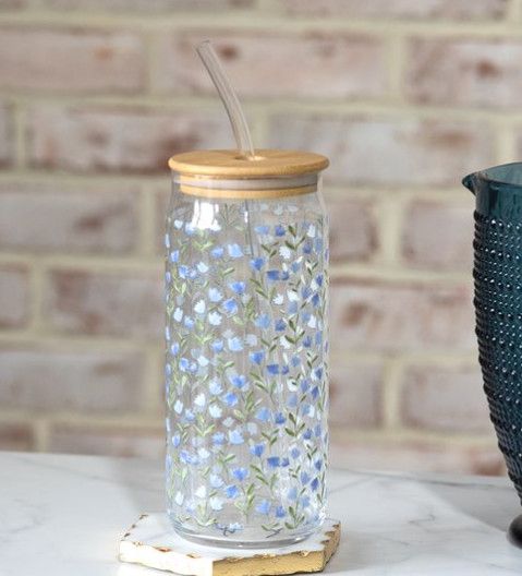 Floral Glass Drink Cup w/ straw 25 oz