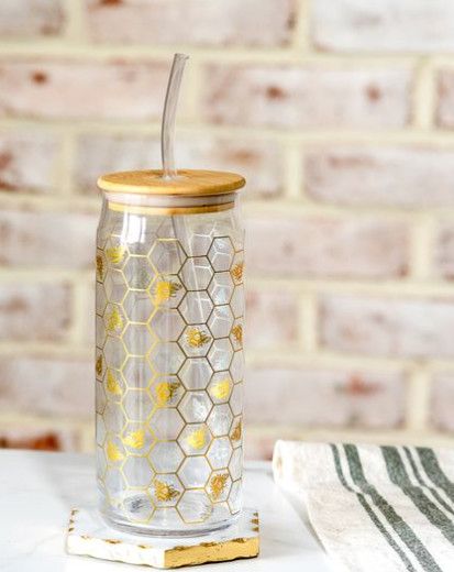 Bee Glass Drink Cup w/ straw 25 oz