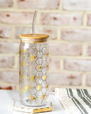 Bee Glass Drink Cup w/ straw 25 oz
