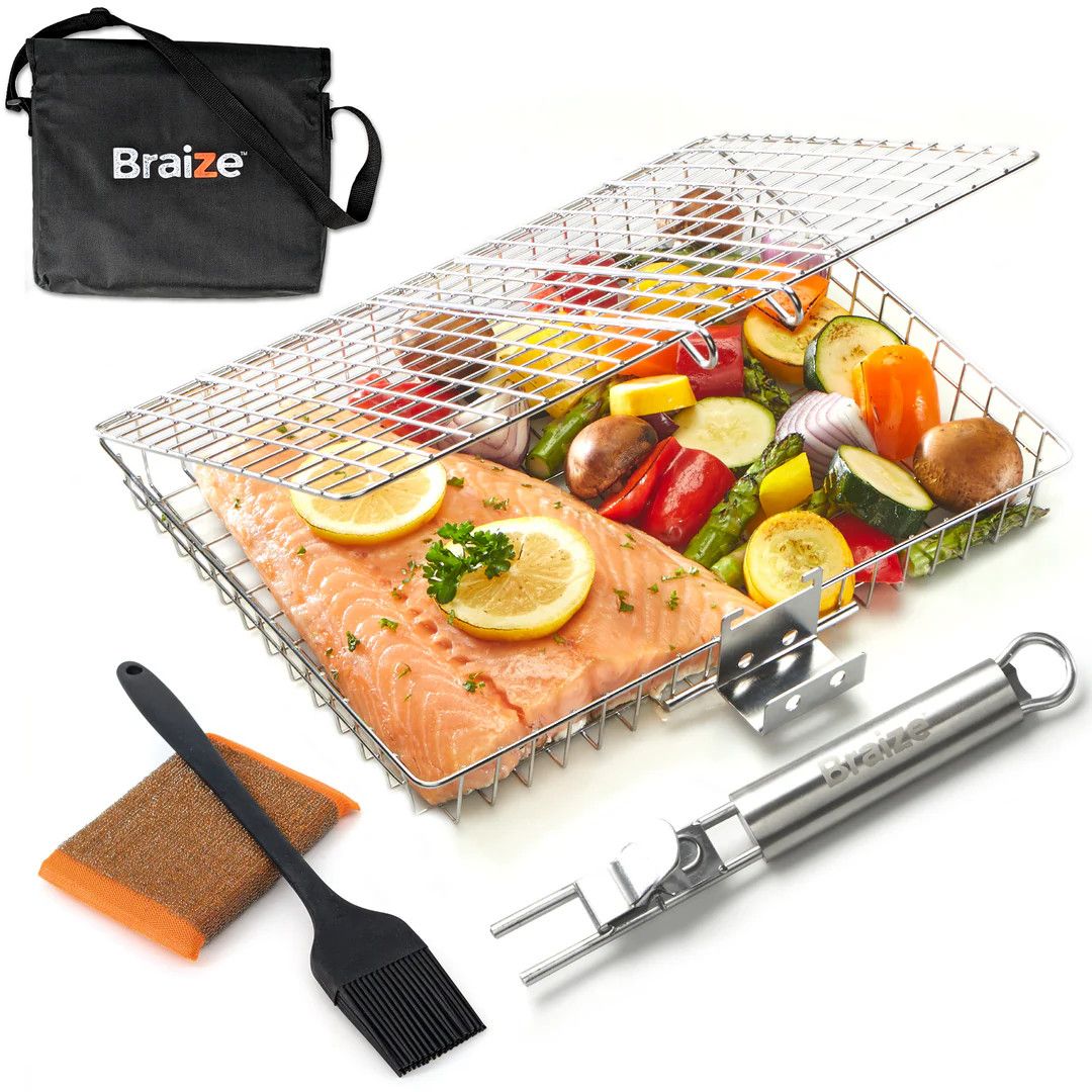 Stainless Steel Large Grill Basket w/Easy Open Close Lid &amp; Removable Handle