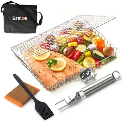 Stainless Steel Large Grill Basket w/Easy Open Close Lid &amp; Removable Handle