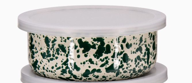 Storage Bowl Green &amp; Cream Splatter Enamel by Crow Canyon