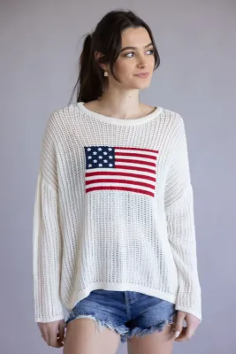 Simply Southern Cream Open Knit Flag Sweater