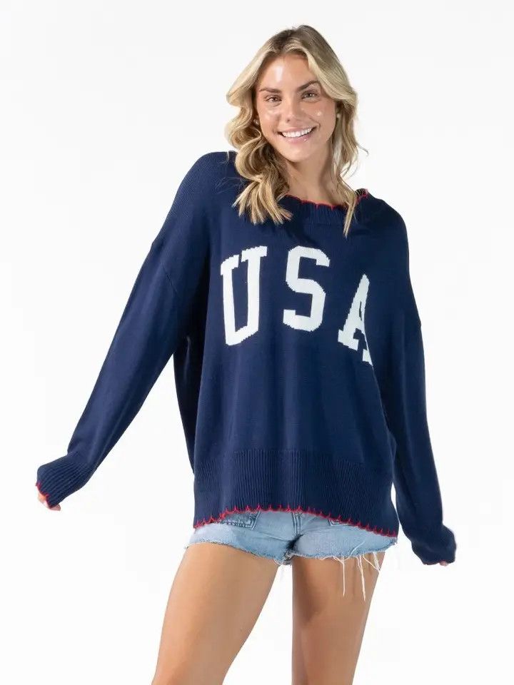 Simply Southern USA Embroidered Navy Sweater, Size: XS