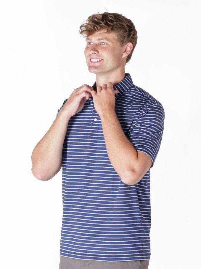 Simply Southern Stripe Polo Short Sleeve Shirt, Color: Navy, Size: L