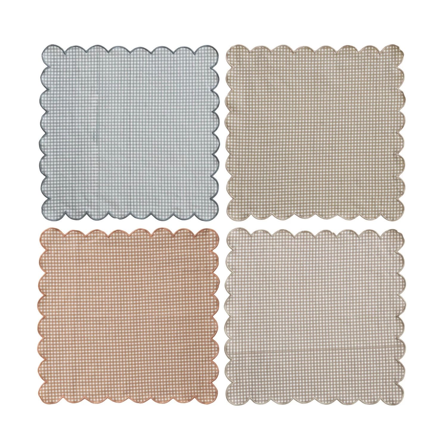 Cotton Printed Scalloped Napkins w/Check Pattern Set of 4