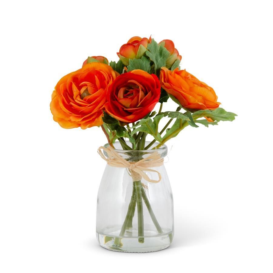 Orange Ranunculus Glass Vase w/Faux Water 6.75”