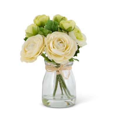 White Ranunculus Glass Vase w/Faux Water 6.75”