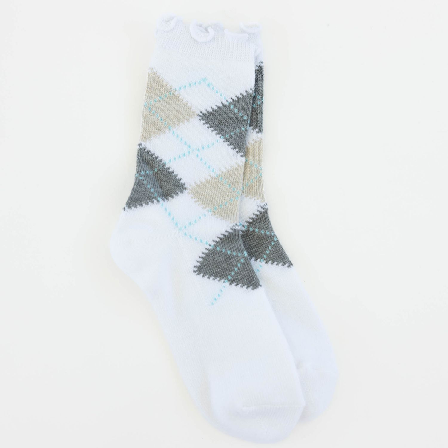 Mini Argyle Crew Ruffle Socks, Color: White Argyle