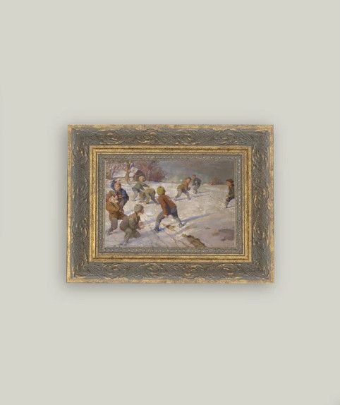 The Snowball Fight Patina Gold Framed Wall Canvas – Vintage Winter Wall Art, Size: 7"x5"