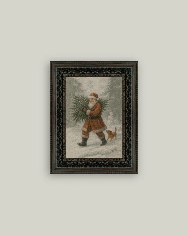 Santa with Tree Fancy Brown Framed Wall Canvas (5” x 7”) – Vintage Christmas Wall Art