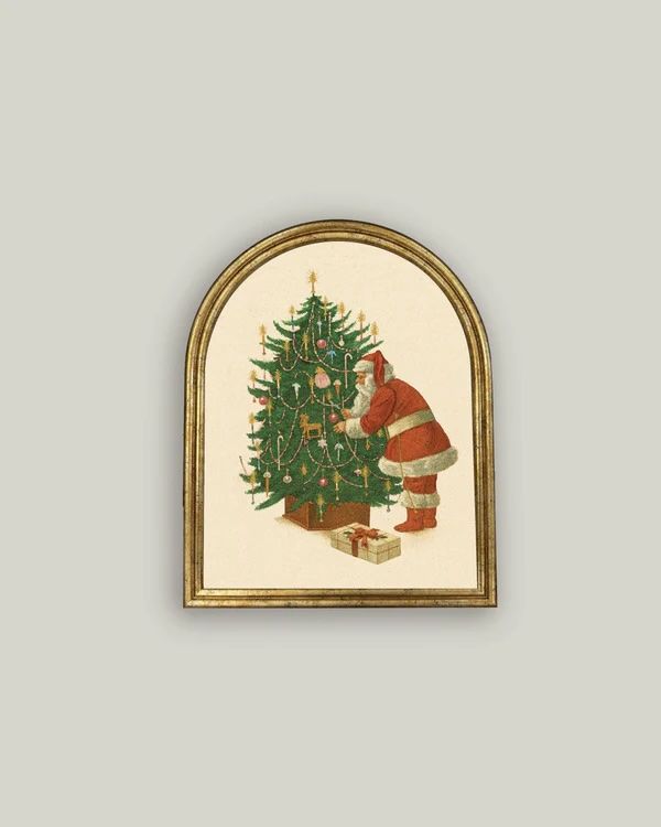 Santa Tree Gold Arch Framed Wall Art (12” x 15”) – Vintage Christmas Canvas