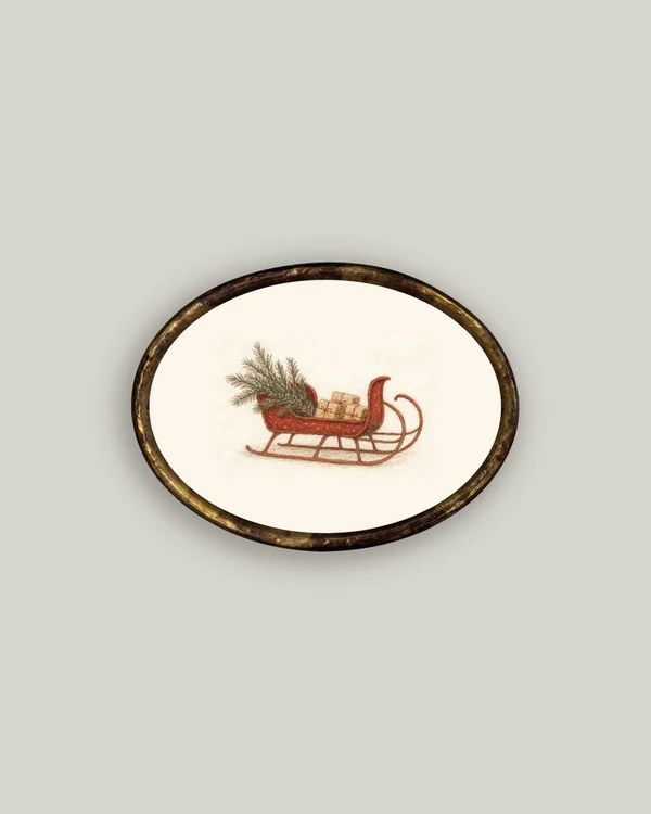 Red Sleigh Oval Framed Wall Canvas (16"x12")