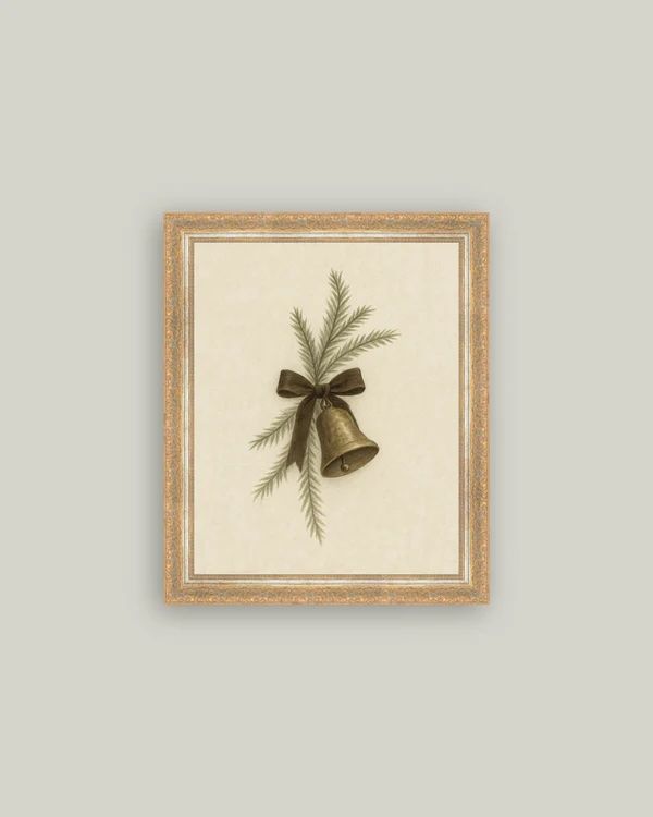 Bell with Pine Antique Copper Gold Framed Wall Canvas (20"x24")