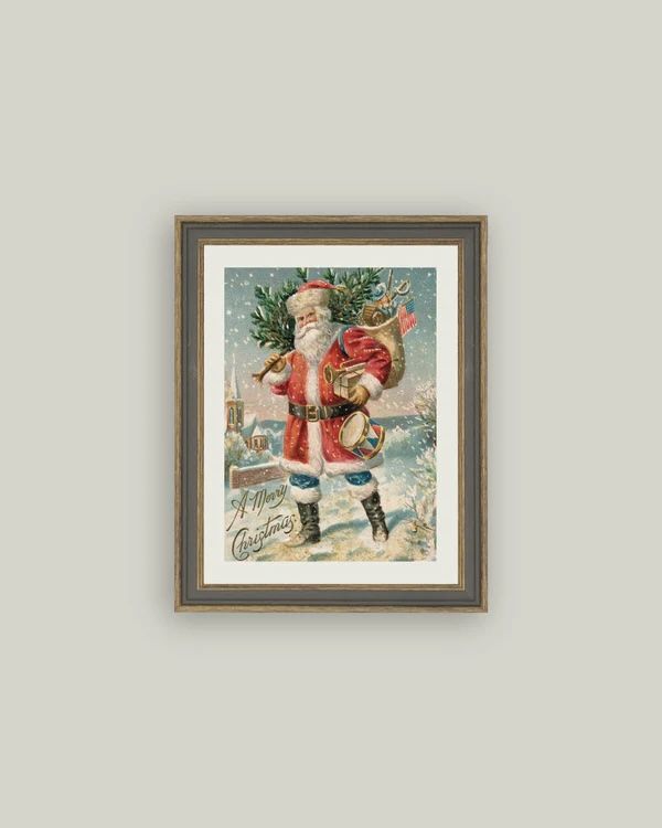 Travel Santa Grey &amp; Brown Framed Wall Canvas (7” x 9”) – Vintage Christmas Wall Art