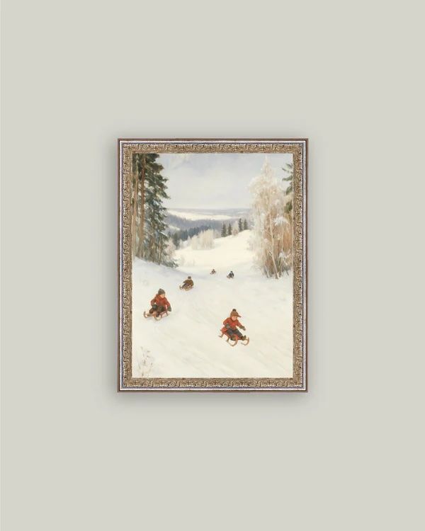 Sledding Hill Silver &amp; Gold Framed Wall Canvas (12” x 16”) – Winter Landscape Wall Art