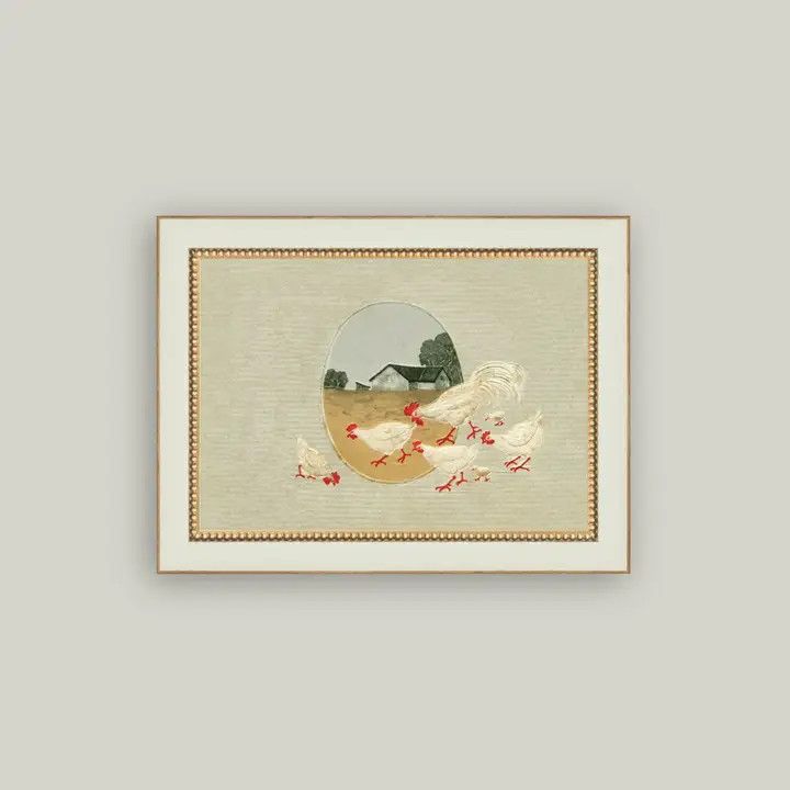 Spring Farm Chickens | Vintage Framed Antique Style Sign, Size: 6x4