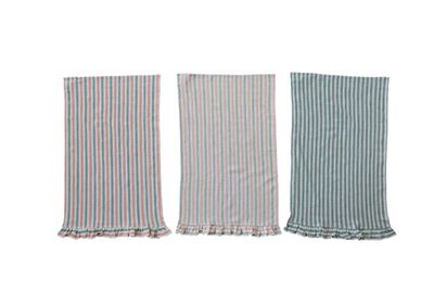 Woven Cotton Tea Towel with Stripes &amp; Ruffle – Decorative Kitchen Towel