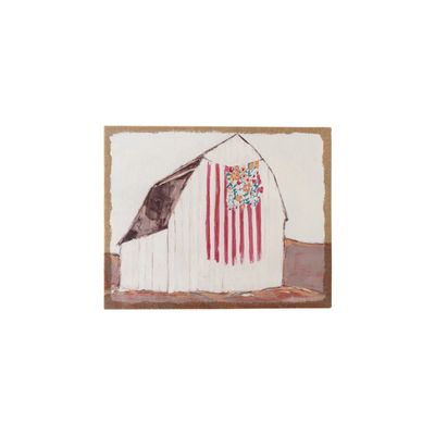 Plastered Burlap Wall Decor with Barn, Flag &amp; Flowers