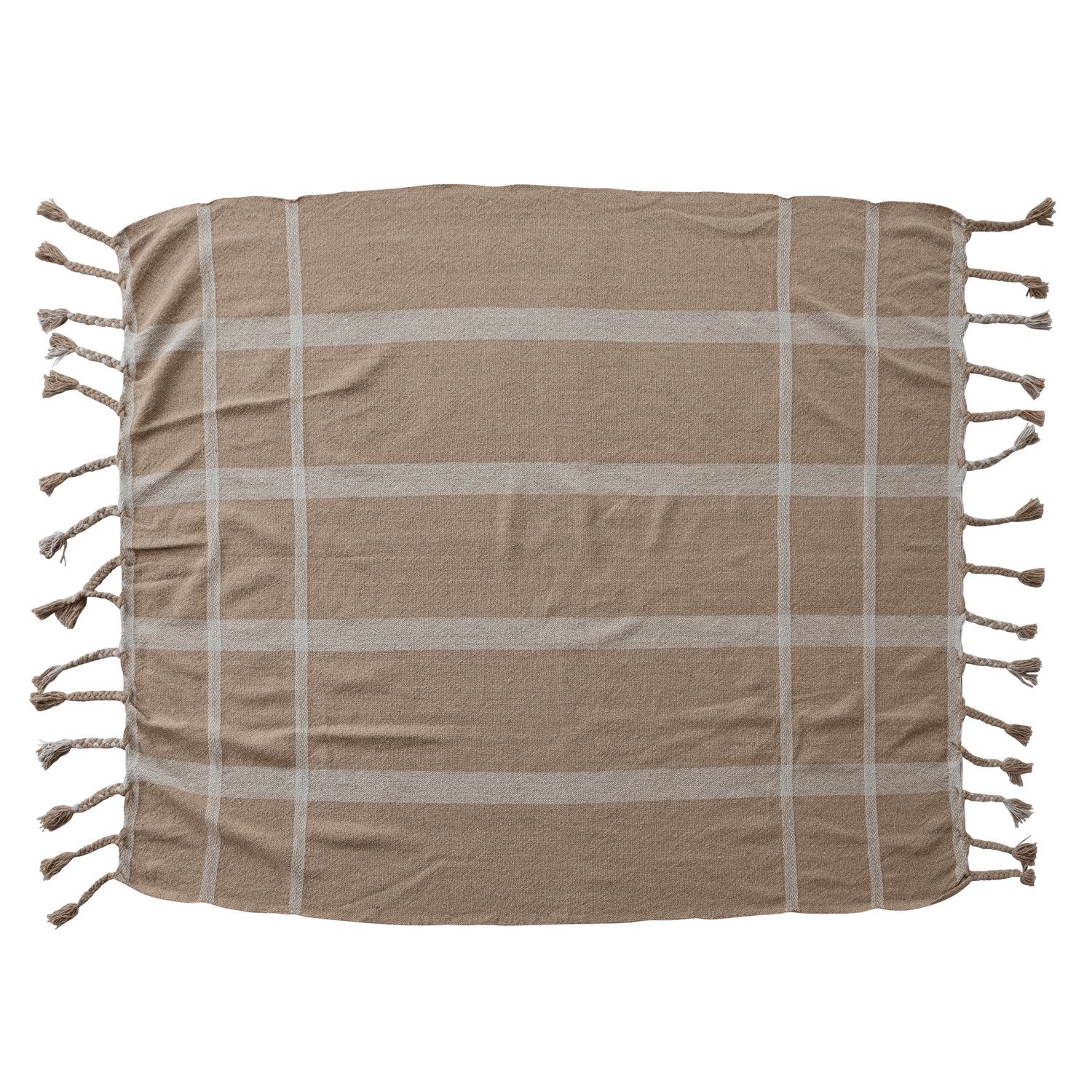 60"L x 50"W Woven Recycled Cotton Blend Striped Throw with Braided Fringe, Beige &amp; Natural