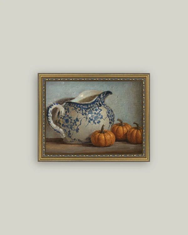 Still Life Pumpkins and Pitcher Vintage Wall Art Print Sign
