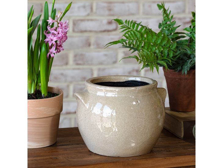 Light Beige Ceramic Crock Planter 6.7"