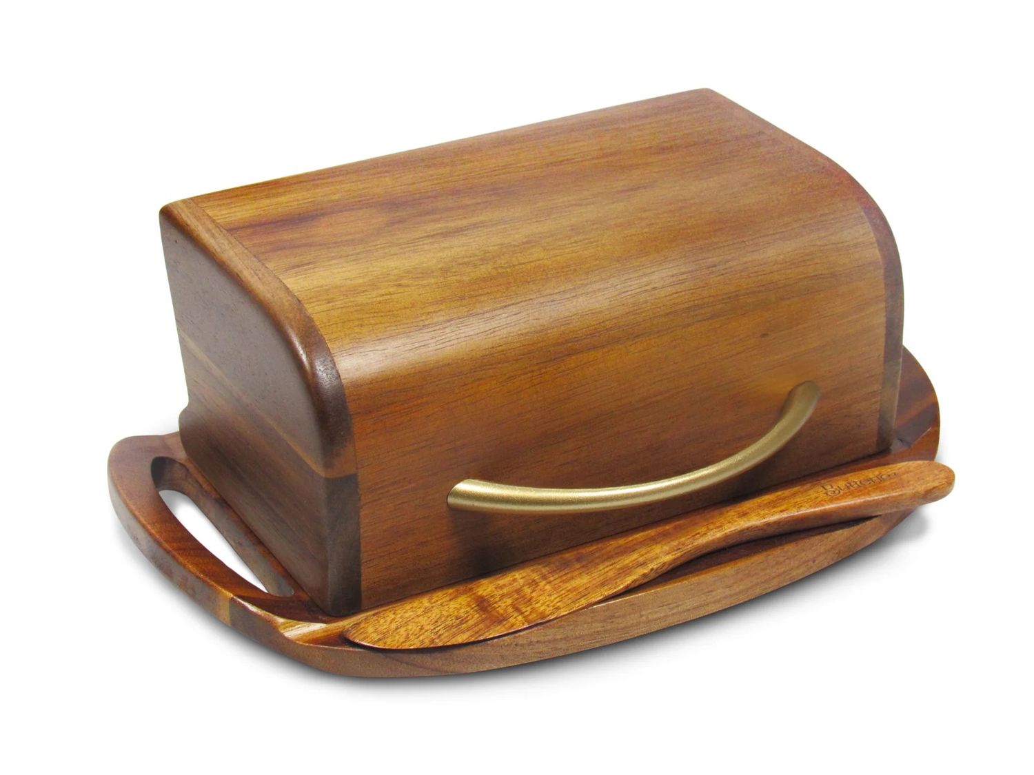 Butterie Acacia Wood Flip-Top Butter Dish, Color: Satin Brass Handle