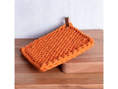 8” Orange Knit Pot Holder With Leather Strap