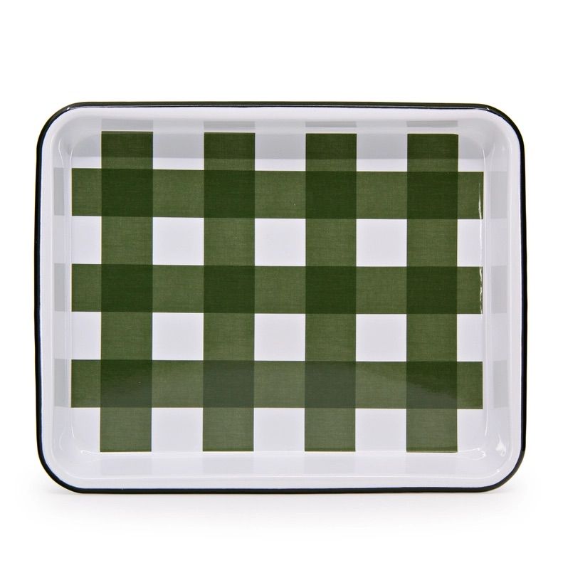 Small Rectangle Tray Green Gingham Enamelware by Crow Canyon