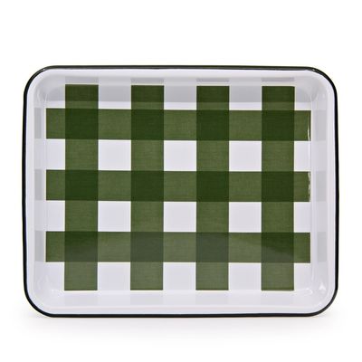Small Rectangle Tray Green Gingham Enamelware by Crow Canyon