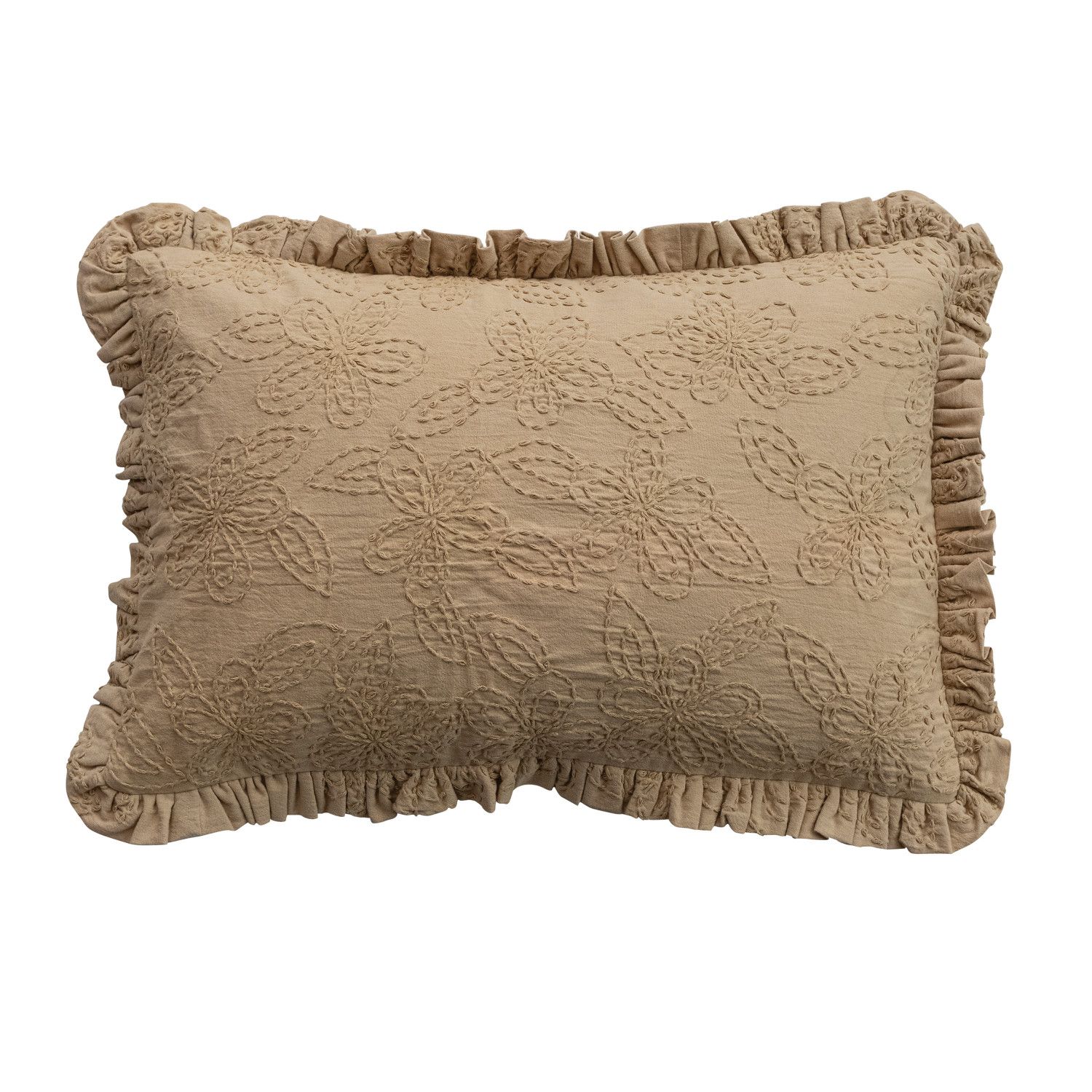 Woven Cotton Lumbar Pillow with Kantha Stitch Flowers &amp; Ruffle