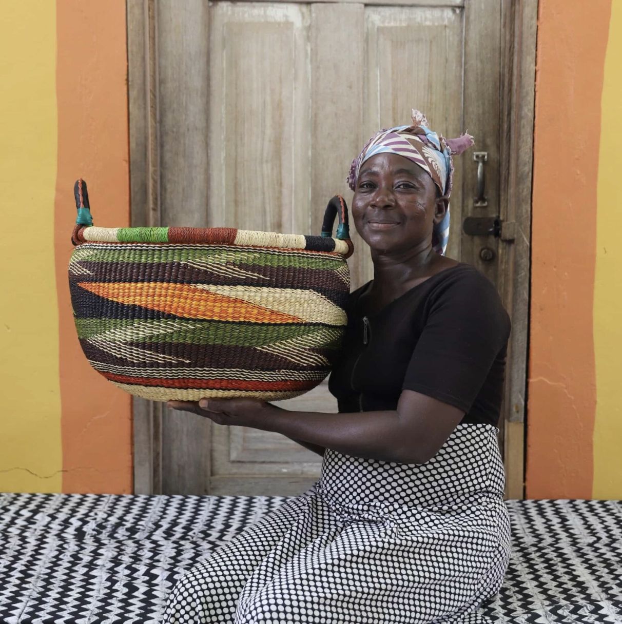 Baba Tree - Gbenka Basket, Colour: Green Brown Zig Zag