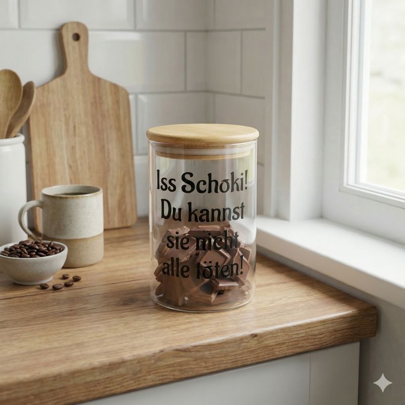 Vorratsglas mit Spruch „Iss Schoki!“