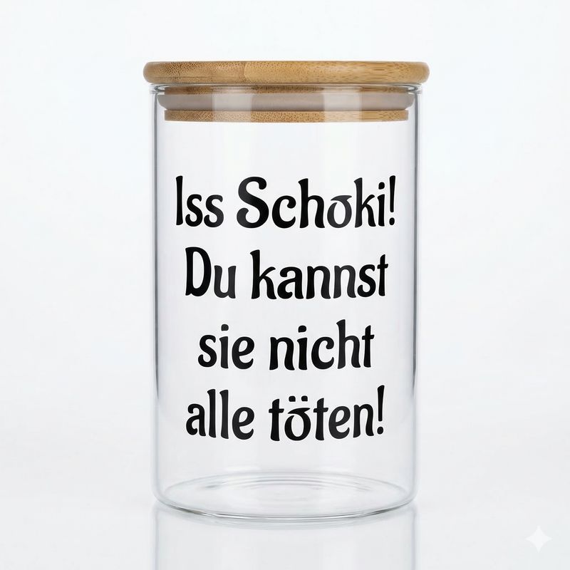 Vorratsglas mit Spruch „Iss Schoki!“