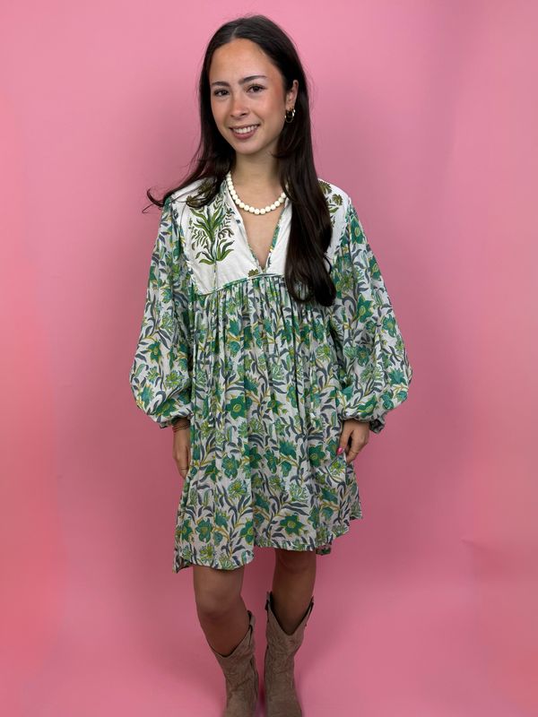 Blockprint Jurk Mini Green
